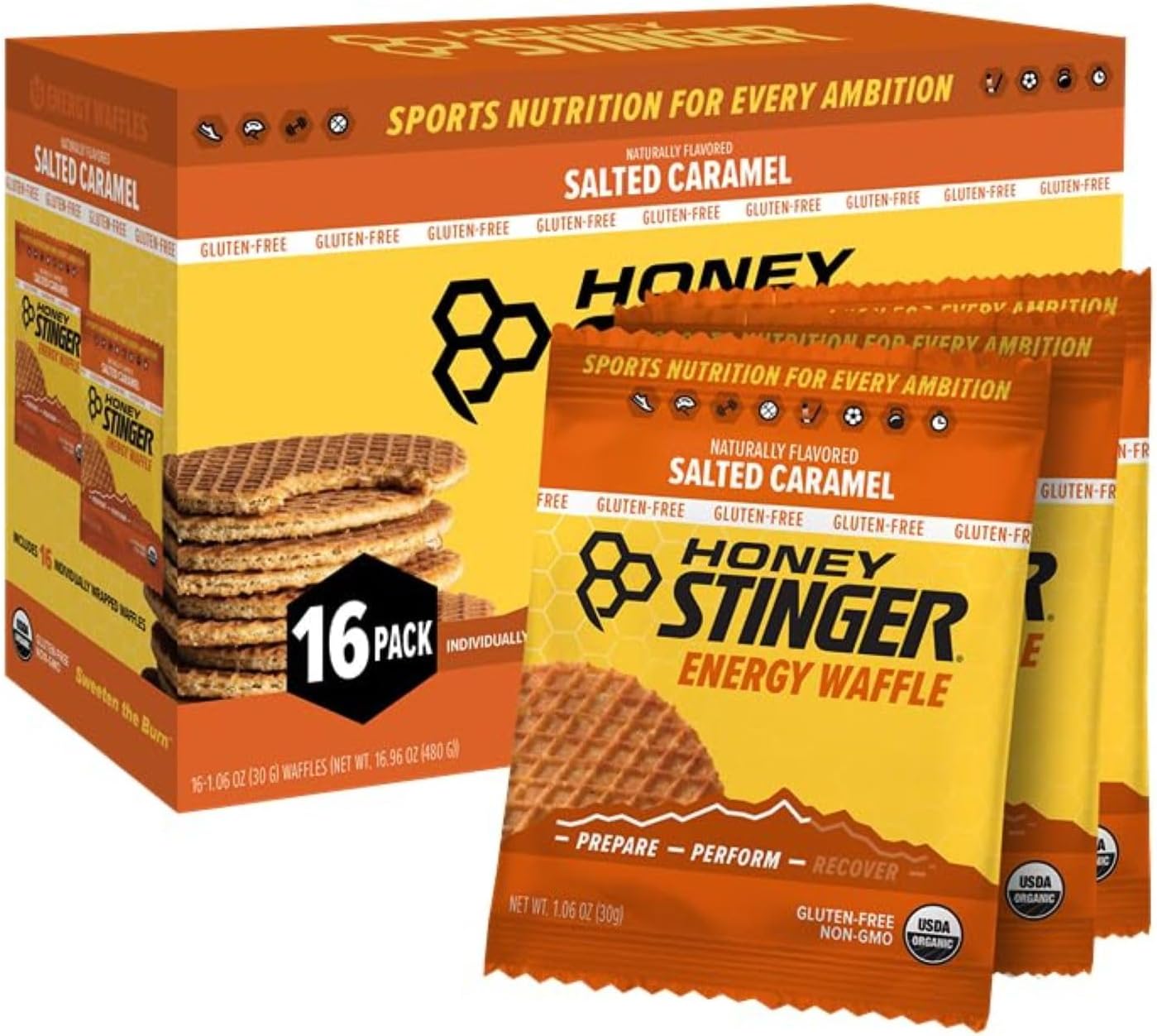Honey Stinger Organic Gluten Free Salted Caramel Waffle | Energy Stroopwafel for Exercise, Endurance and Performance | Sports Nutrition for Home & Gym, Pre & Post Workout | Box of 16 Waffles, 16.96 Oz