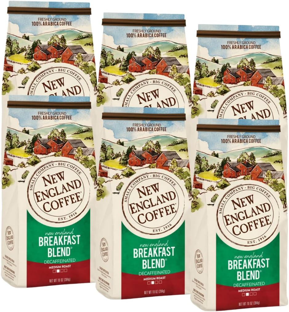 New England Coffee Breakfast Blend Decaffeinated Medium Roast Ground Coffee, 10oz Bag (Pack of 6)