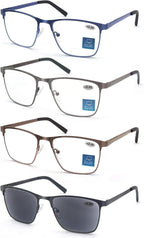 HEEYYOK 4-Pack Blue Light Blocking Reading Glasses Men Stylish Metal Frame Readers,Comfort Anti Glare UV Filter Eyeglasses