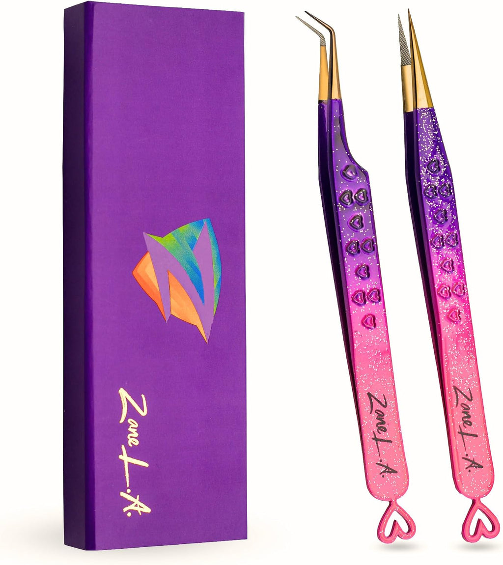 Zane L.A. Nano Fiber Tip Professional Eyelash Extension Tweezers, made with Japanese Stainless Steel, Unique Heart Design (Pink and Purple)