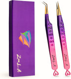 Zane L.A. Nano Fiber Tip Professional Eyelash Extension Tweezers, made with Japanese Stainless Steel, Unique Heart Design (Pink and Purple)
