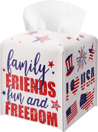 4th of July Patriotic Tissue Box Cover - Family Friends Fun and Freedom Red White Blue Flag PU Leather Square Tissue Holder for Bathroom Nightstand Kitchen Office Independence Day Christian Home Decor