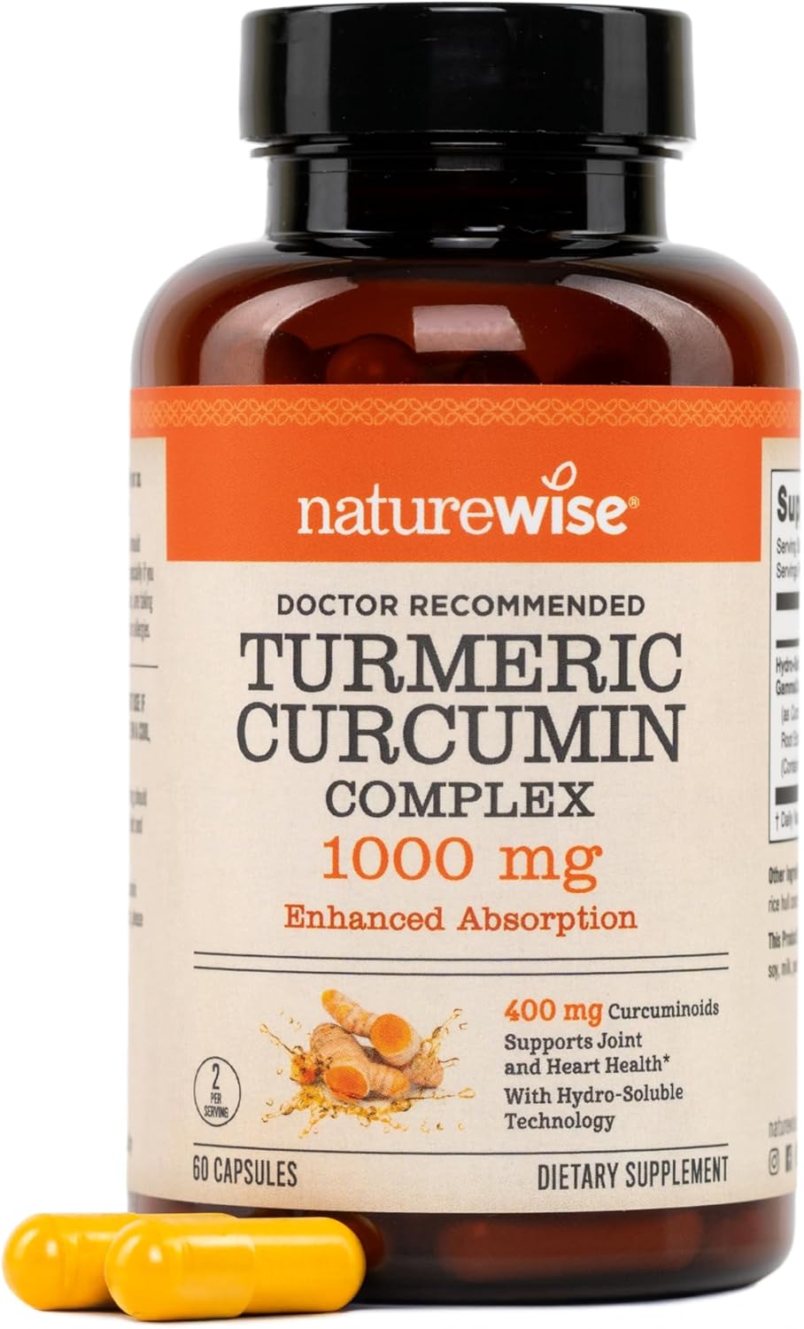NatureWise Extra Strength Turmeric Curcumin 1000mg with Hydro-Soluble Technology for Ultra Absorption - 400mg Curcuminoids for Immune Support - Vegan, Non-GMO, 60 Capsules[30-Day Supply]