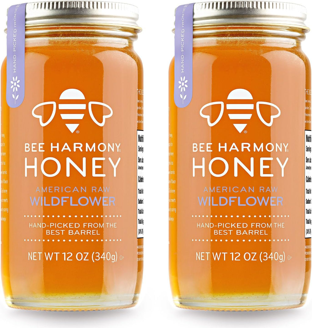 Bee Harmony American Raw Wildflower Honey, 12 OZ (Pack of 2 Jars)