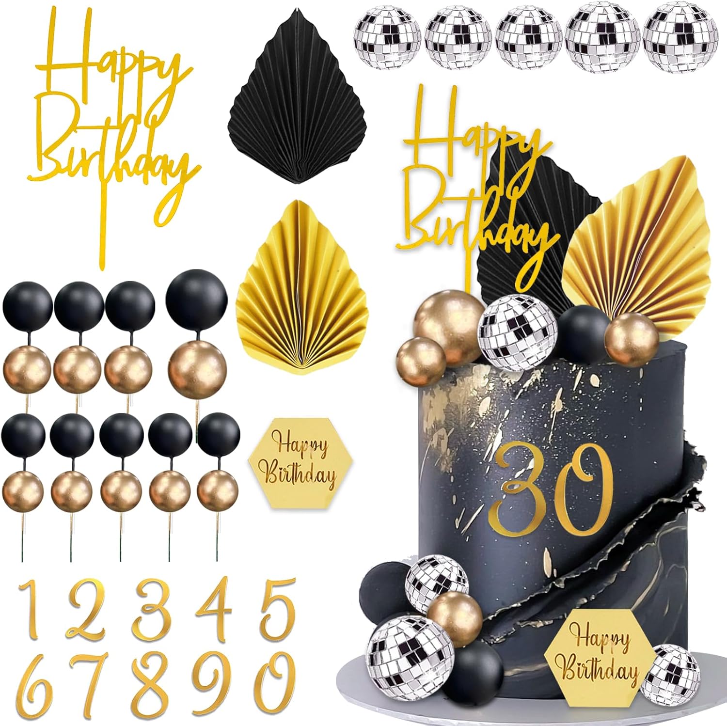 37Pcs Gold Black Balls Cake Topper Man Cake Decorations with Disco Balls Palm Leaves Acrylic Numbers 0-9 and Happy Birthday Cake Topper for Men Boy Black Theme Birthday Baby Shower Party Supplies