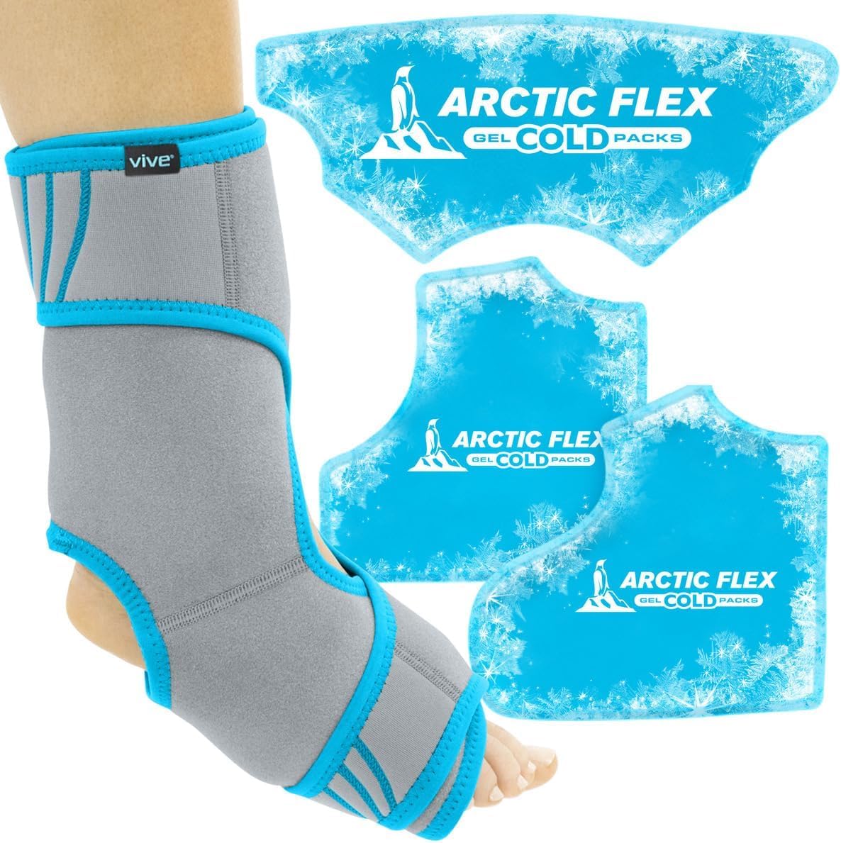 Vive Ankle Ice Pack Wrap - Foot Cold/Hot Compression Brace - Adjustable Freeze Support for Cooling/Heating Achilles Injuries, Tendonitis, Plantar Fasciitis, Sore Feet, Inflammation, Muscle Sprain