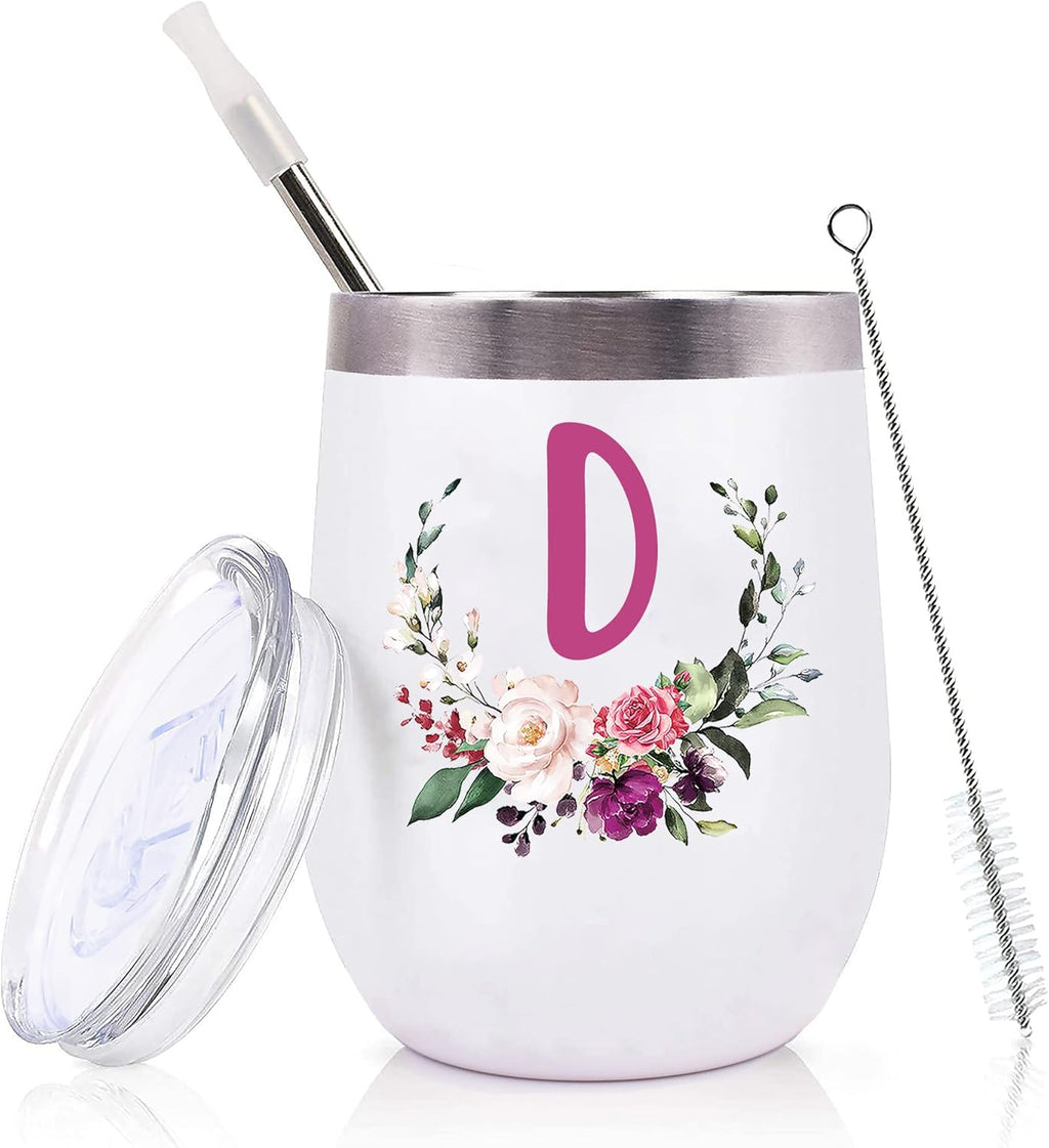 PFL Women Gifts-Wedding Gifts for Maid of Honor from Bride-Bridal Shower Christmas Birthday Present for Bridesmaid Best Friend Sister-Bachelorette Present-12oz Monogrammed Tumbler-Initial Letter D