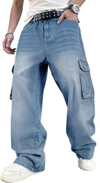 Mens Baggy Cargo Jeans Y2K Wide Leg Denim Pants with Design Streetwear Loose Fit Relaxed Hip Hop Jeans for Men