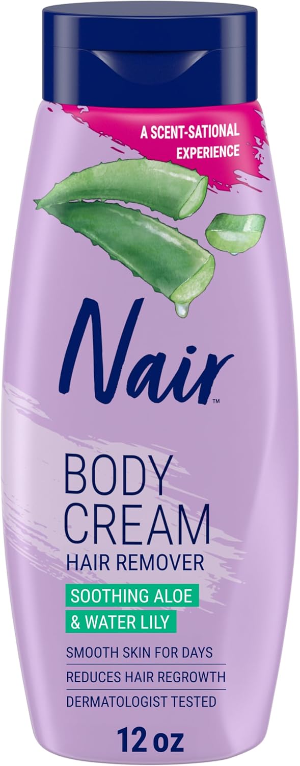 Nair Body Cream Hair Remover, Soothing Aloe and Water Lily, Dermatologist Tested Body Hair Removal Cream, with Evolved Ingredients, 12 Oz - Amazon Exclusive Size