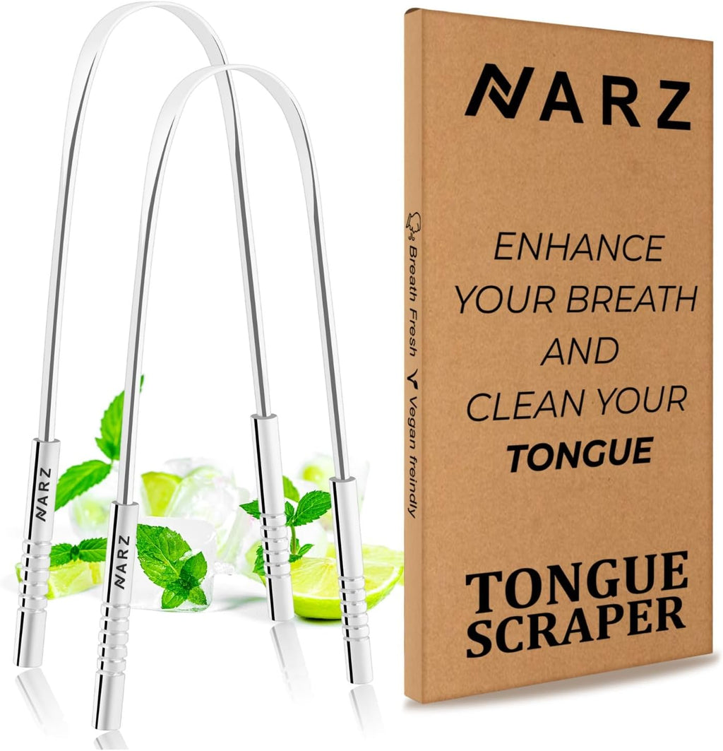 NARZ Tongue Scraper Professional Tongue Cleaner for Bad Breath Reusable Stainless Steel Tongue Scrapers for Oral Care with Dual Carved Handle for Adults & Kids Oral Hygiene 2 Pack