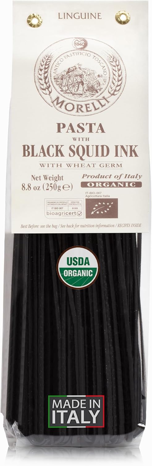 Morelli Squid Ink Pasta Linguine - Organic Black Pasta Noodles, Durum Wheat Semolina, Italian Nero Di Seppia Made in Italy - 8.8 oz / 250 g (Pack of 1)