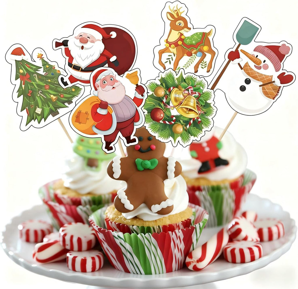 24pcs Double-side Merry Christmas Cupcake Topper,Santa Claus Xmas Cake Picks for Christmas Party Supplies, New Year Ceremony Party Cake Decorations Supplies