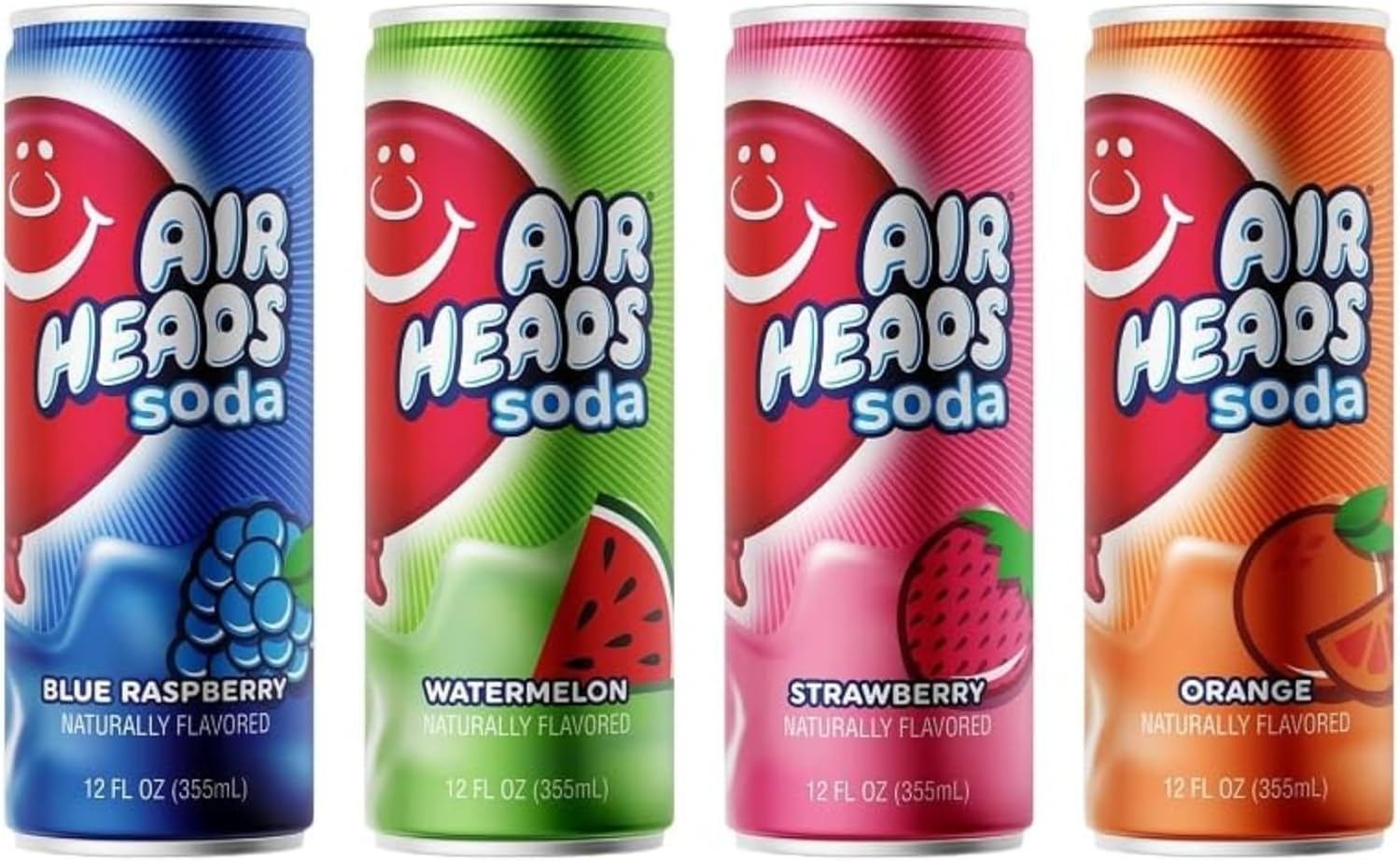 Airheads Soda 4 Pack – Blue Raspberry, Orange, Watermelon & Strawberry Flavored Soft Drinks – Fruity Carbonated Soda Variety Pack