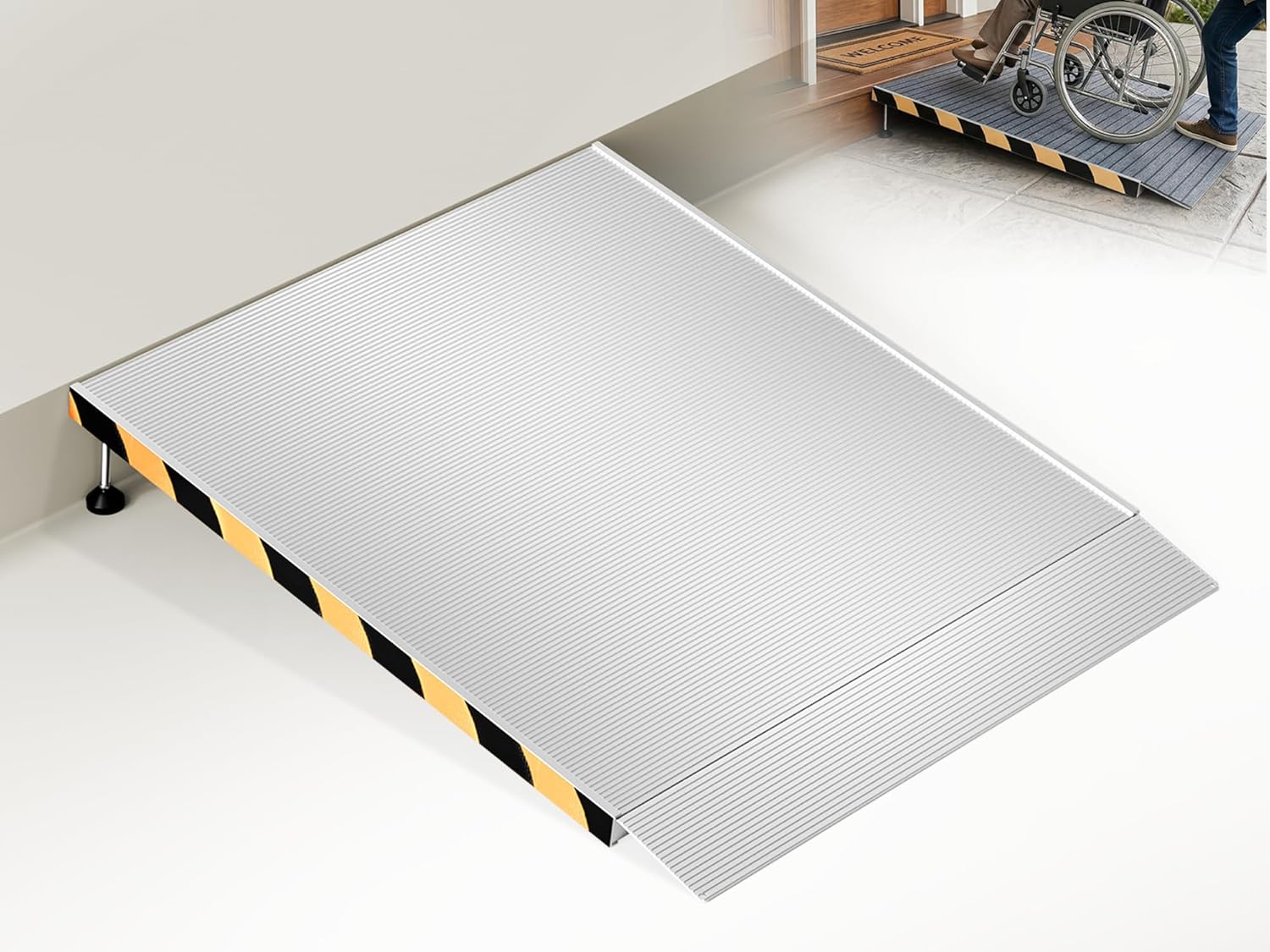 Aluminum Threshold Ramp for Doorways, Adjustable 3.34" to 6.3" Rise, 48" Portable Wheelchair Walker Ramp for Home with Adjustable Leveling Feet and Non-Slip Door Mat, for Steps, Curbs and Entryways