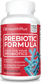 Health Plus Prebiotic Formula - Probiotics + Prebiotics + Digestive Enzymes - Gluten Free, Dairy Free, Natural Herbal Ingredients (180 Capsules, 60 Servings)