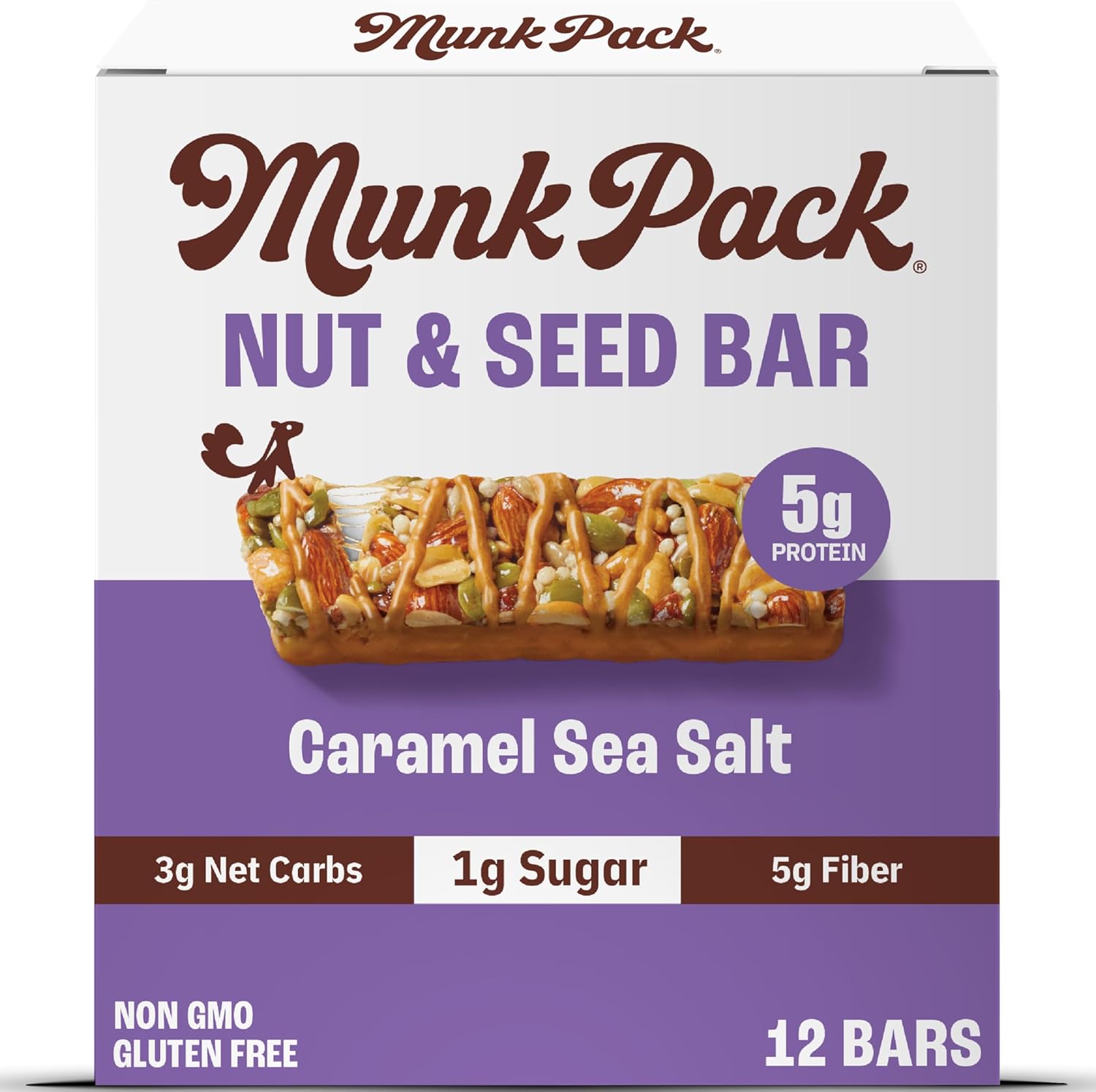 Munk Pack Fiber Nut Bars, Caramel Sea Salt, Prebiotic Probiotic GLP-1 Snack, 5g Fiber, Gut Friendly Allulose, 5g Plant Protein, Gluten Free, Keto, No Sugar Alcohol, 3g Net Carb, 12 Count