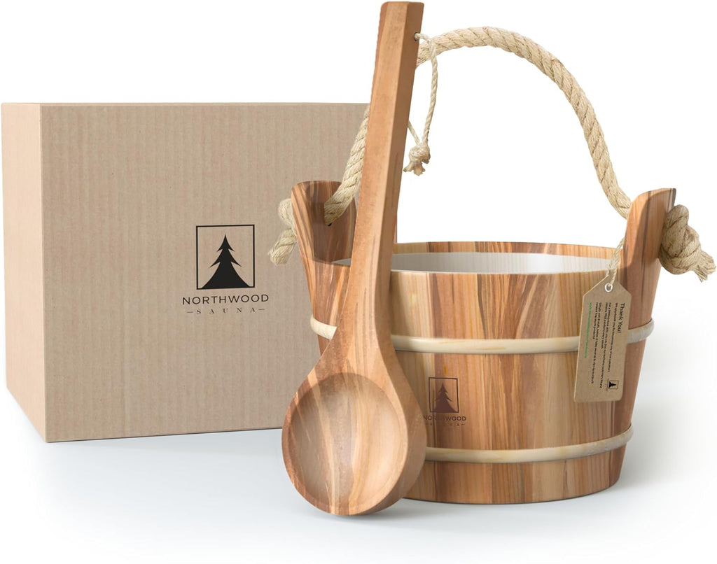 Northwood Sauna - Sauna Bucket and Ladle Set - Handmade from Canadian Red Cedar Wood - Natural Rope Handle - 1 Gallon (4 Liters) Water Capacity