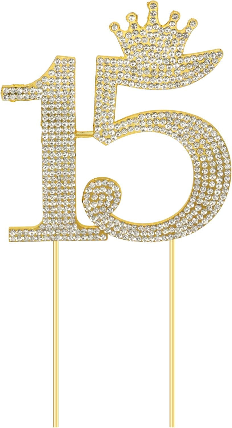 Honbay 15 Birthday Cake Topper Sparkling Bling Alloy Crystal Rhinestones Cake Topper Princess Crown Cake Decoration for Sweet 15th Birthday or Anniversary Party (Gold)