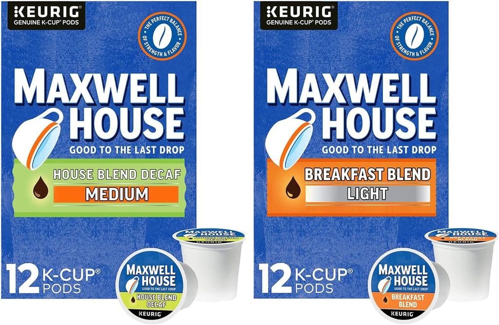 Maxwell House Cafe Collection K-Cup Pods, House Blend Decaf Medium, 12 CT + Breakfast Blend Light, 12 CT (Variety Pack)