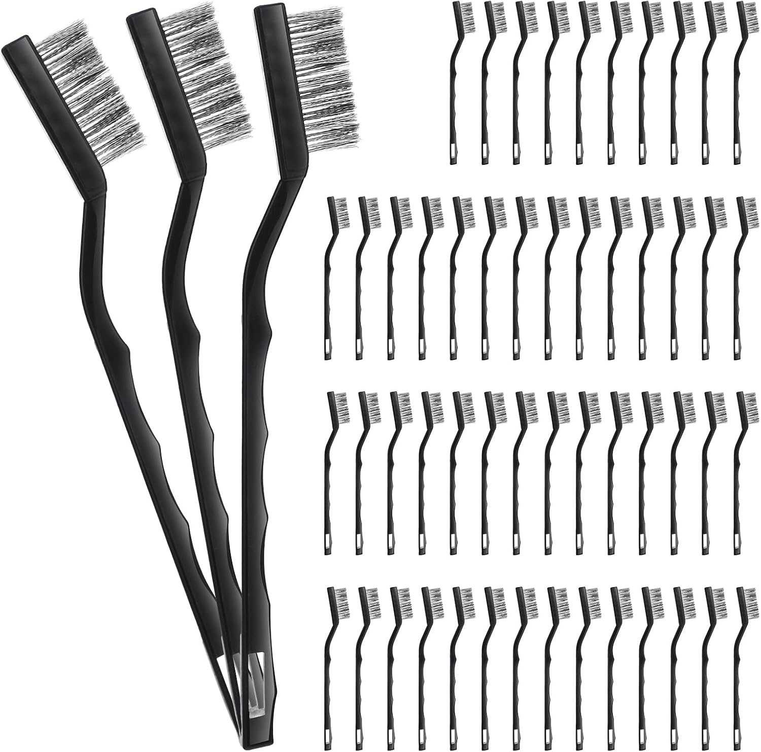60 Pcs Mini Wire Brush Set Stainless Steel Wire Bristle Scratch Brush Small Metal Brush for Cleaning Curved Handle Masonry Welding for Cleaning Welding Slag and Rust Tool, Black, 6.7 Inches