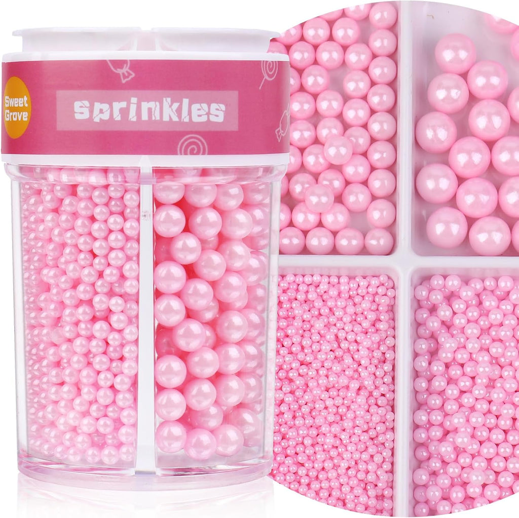 Pink Sprinkles for Cake Decorating, 7.8oz Edible Pearl Sprinkles, Sugar Candy Pearls for Baking, Cookie Decorations & Cupcake Topper, Wedding Party Valentines Supplies (Pink, 4 Sizes)