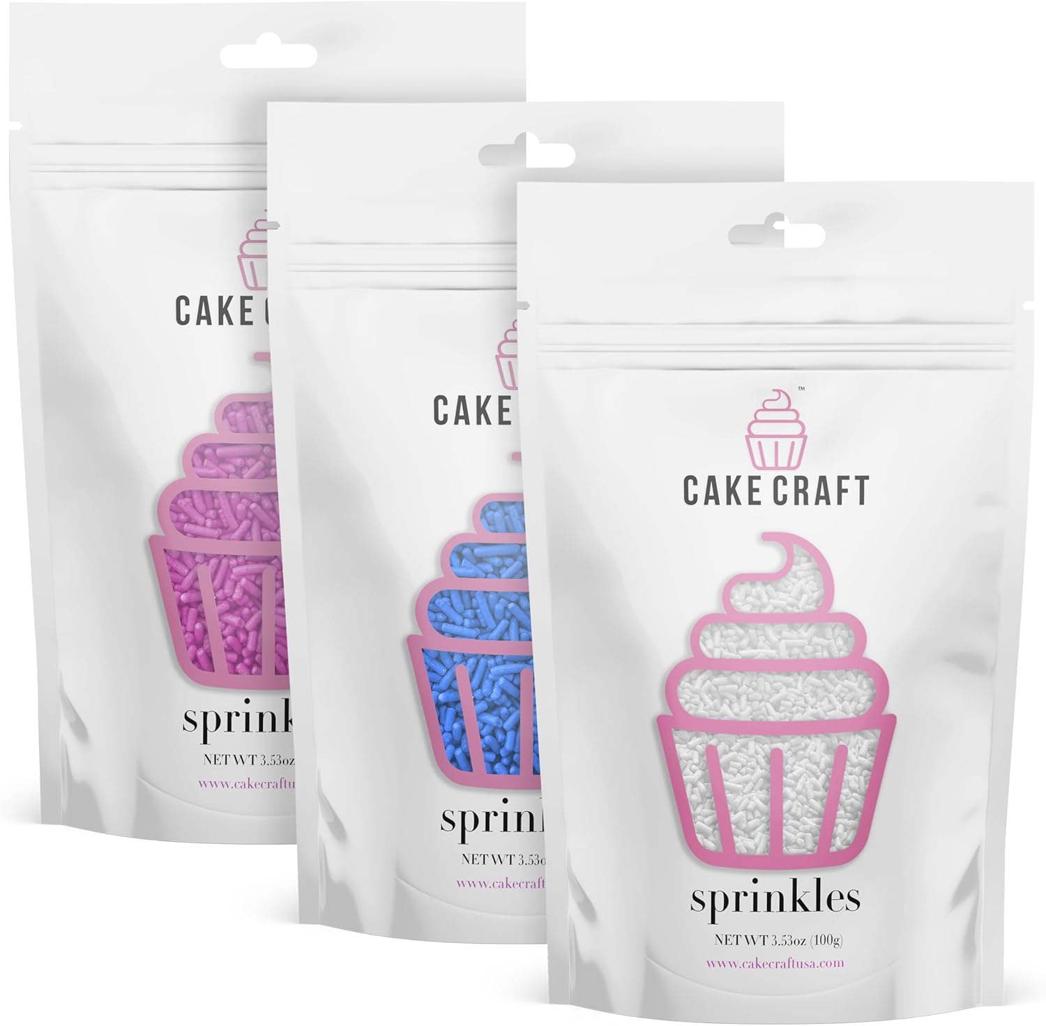 Cake Craft Gender Reveal Sprinkle Bundle – Pink Sugar Strands, Blue Sugar Strands & White Nonpareils | 3-Pack (100g Each) | Perfect for Baby Showers, Cakes, Cupcakes & Cookies