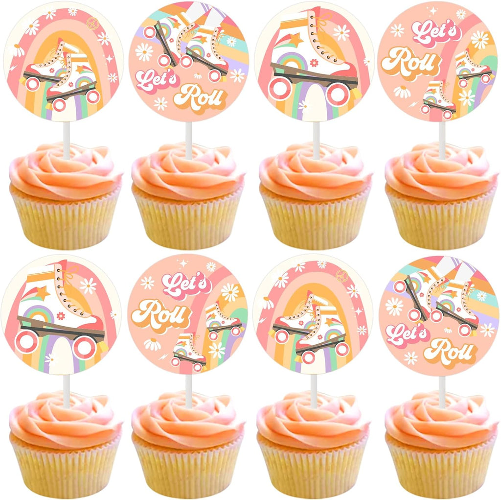 Cheereveal Roll Skating Birthday Decorations - 36 Pack Groovy Theme Let’s Roll Cupcake Toppers, Table Dessert Cupcake Picks, Happy Birthday Party Supplies for Girls