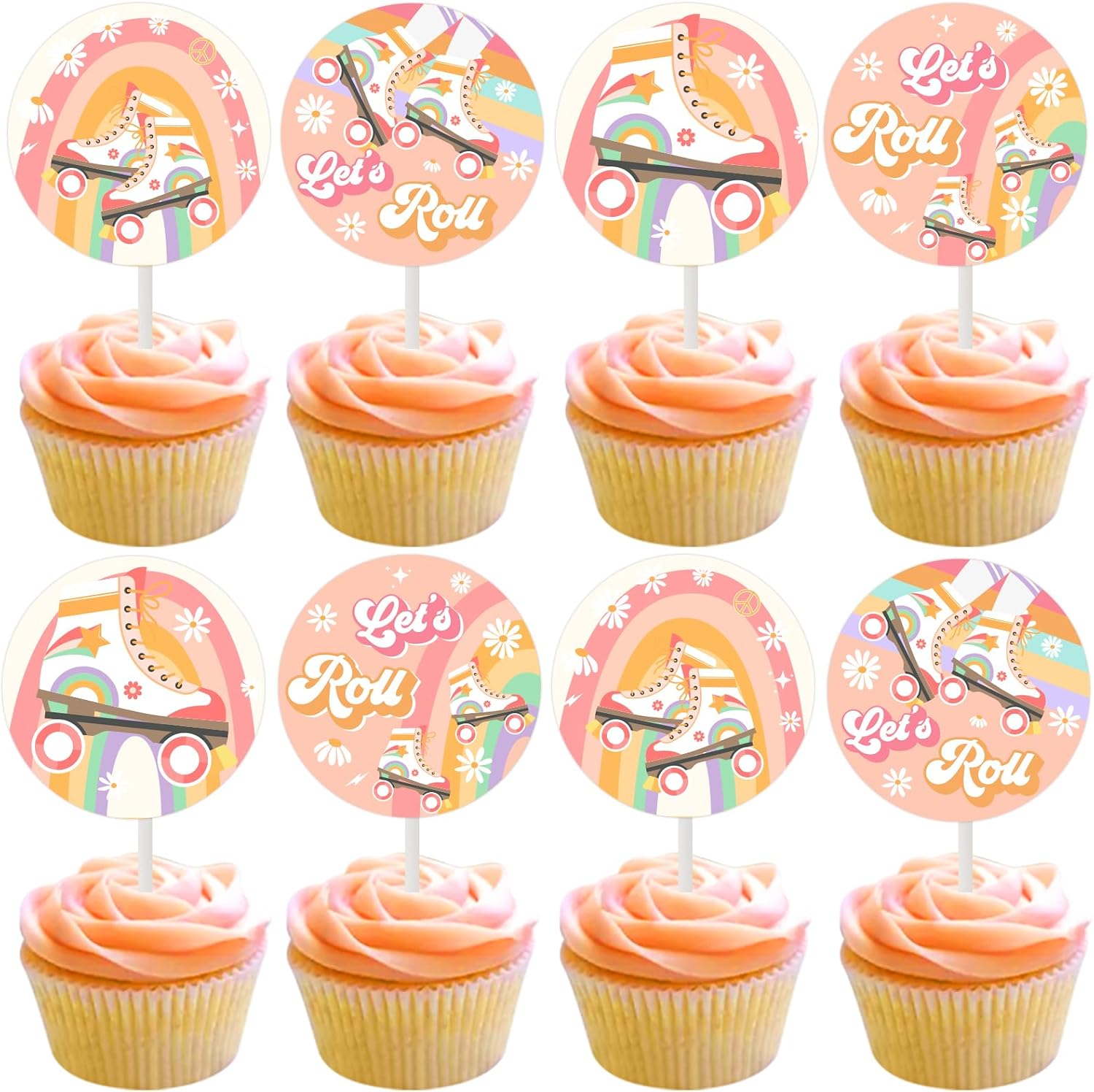 Cheereveal Roll Skating Birthday Decorations - 36 Pack Groovy Theme Let’s Roll Cupcake Toppers, Table Dessert Cupcake Picks, Happy Birthday Party Supplies for Girls
