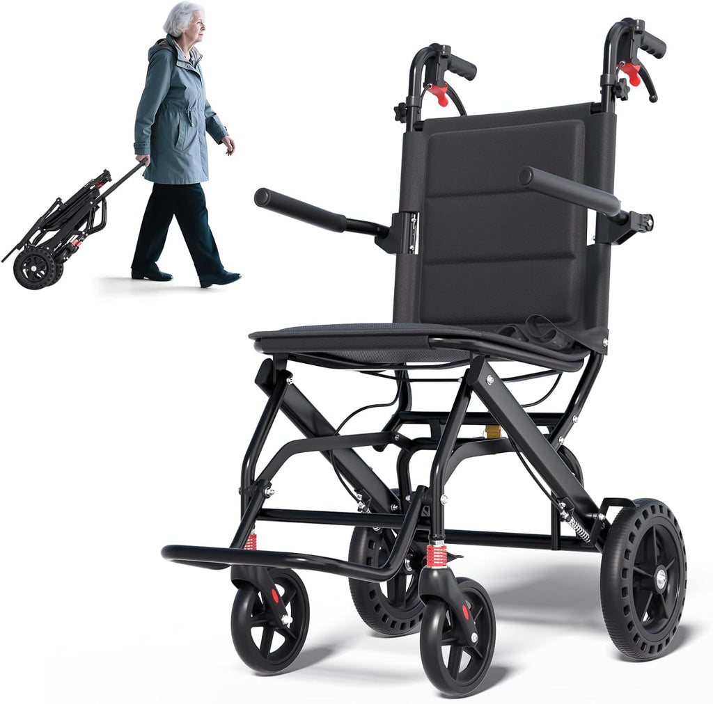 Lightweight Transport Portable Folding Wheelchair, Ultra-Light Wheelchair (Only 17lbs) with Telescopic Handle & Cupholder for Adults Seniors Kids,Support 220lbs