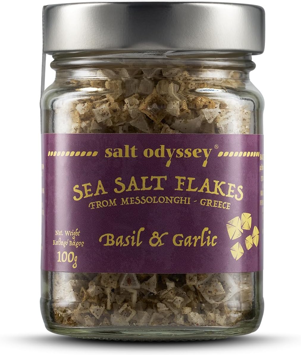 Salt Odyssey Sea Salt Flakes with Basil and Garlic, 100g., Finishing salt, Flaky salt