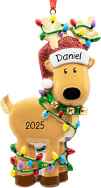 Personalized Reindeer Christmas Ornament 2025 - Free Customization | Santa Hat Deer Figurine Tangled in Lights for Xmas Tree | Unique Keepsake - Custom Name & Year