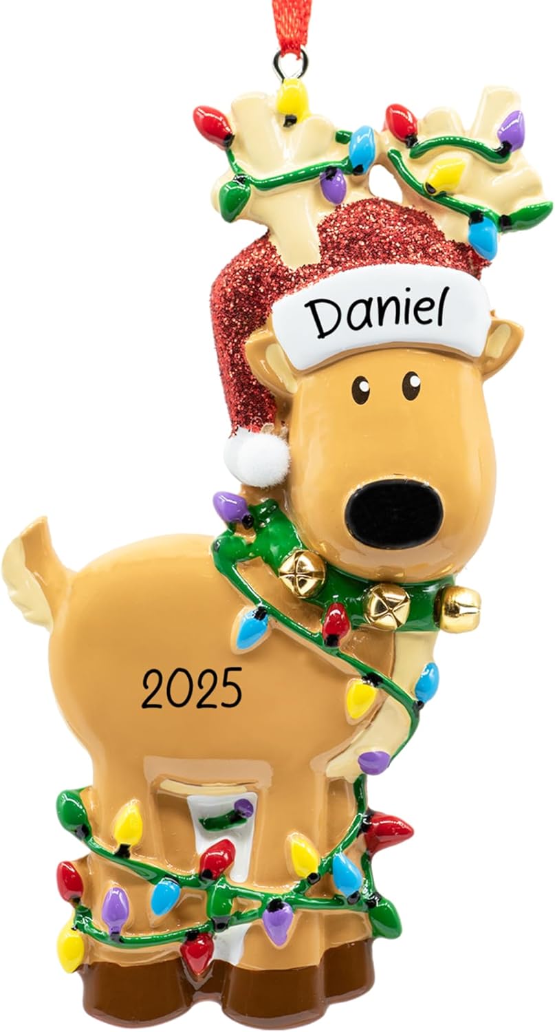 Personalized Reindeer Christmas Ornament 2025 - Free Customization | Santa Hat Deer Figurine Tangled in Lights for Xmas Tree | Unique Keepsake - Custom Name & Year