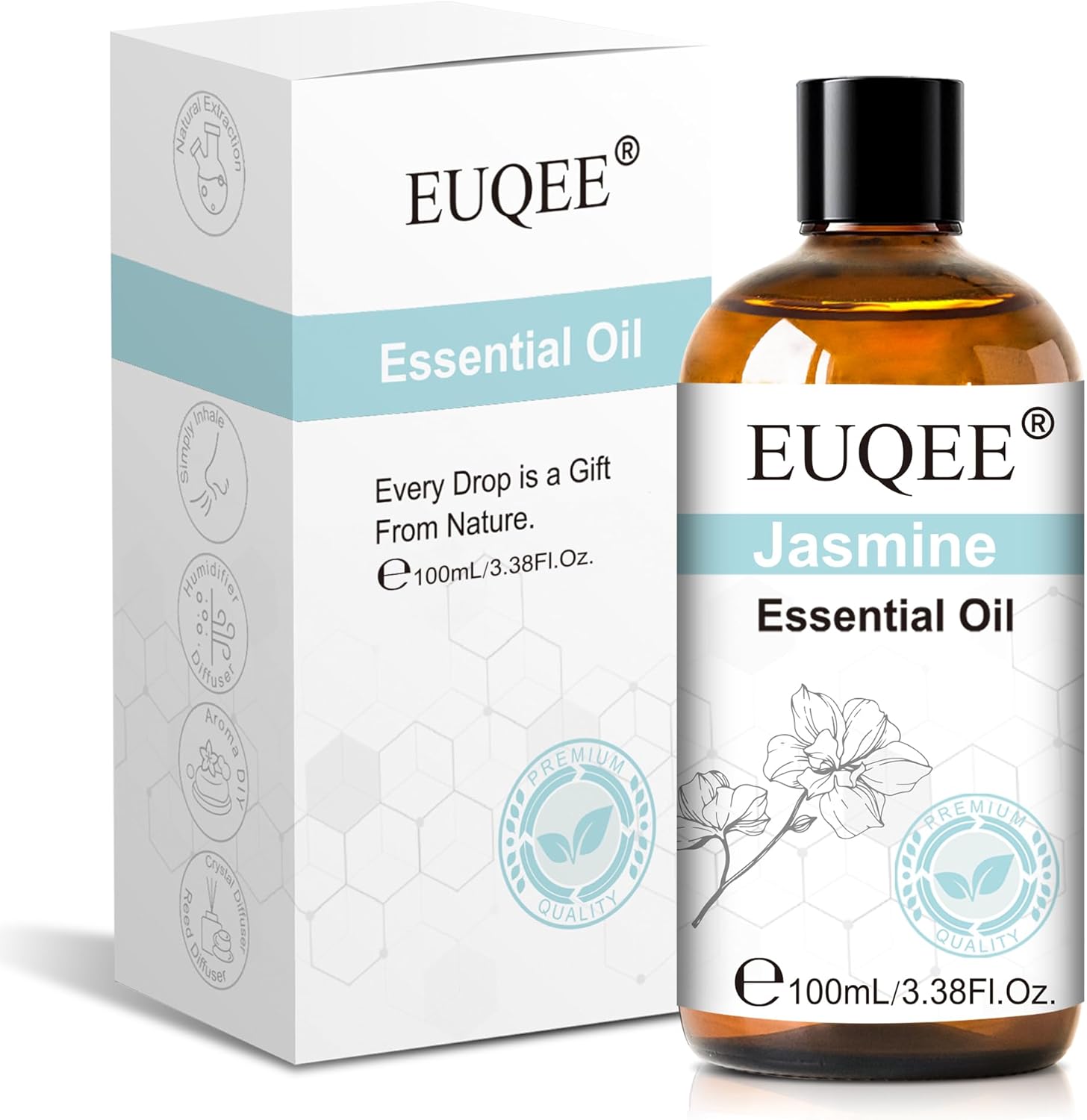 EUQEE 100ml Jasmine Essential Oil, Pure Jasmine Essential Oil for Diffuser, Massage, DIY Soap,Candle Making, Skin & Hair Care - 3.38 Fl Oz