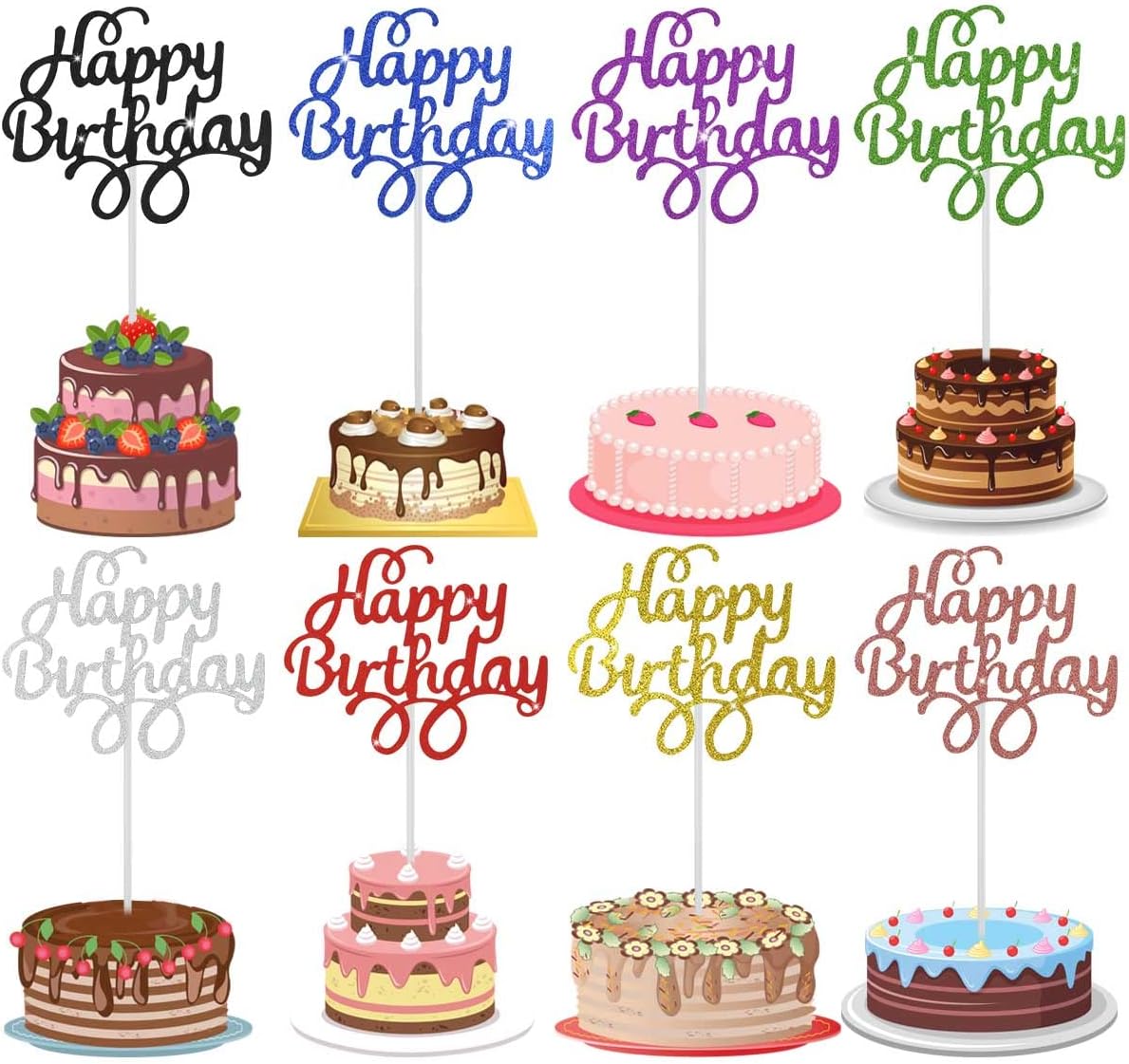 40 Pieces Happy Birthday Cake Toppers - Glitter Picks for Dessert Decorations - Party Supplies in 8 Colors