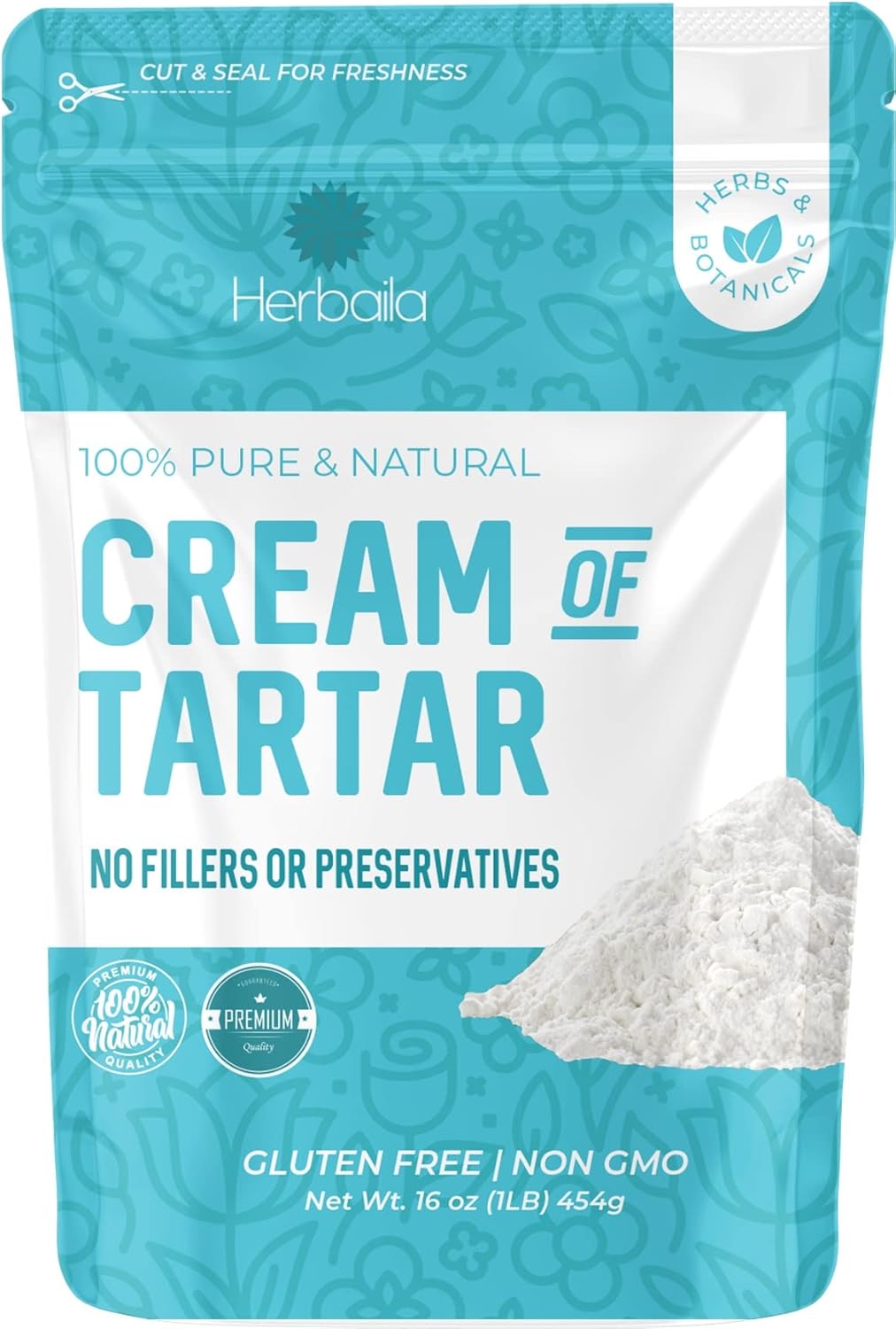 Herbaila Cream of Tartar for Baking 1lb, Gluten Free, Premium All Natural Food-grade Cream of tartar bulk, natural choice tartar powder - great for meringues, bath bombs, cream of tarter 1 lb