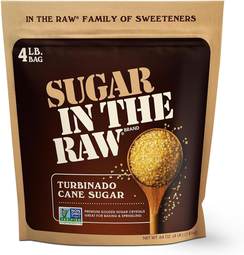Sugar In The Raw Granulated Turbinado Cane Sugar, No erythritol, Pure Natural Sweetener, Hot & Cold Drinks, Coffee, Cooking, Baking, Vegan, Gluten-Free, Non-GMO, Bulk Sugar, 4lb Bag (1-Pack)