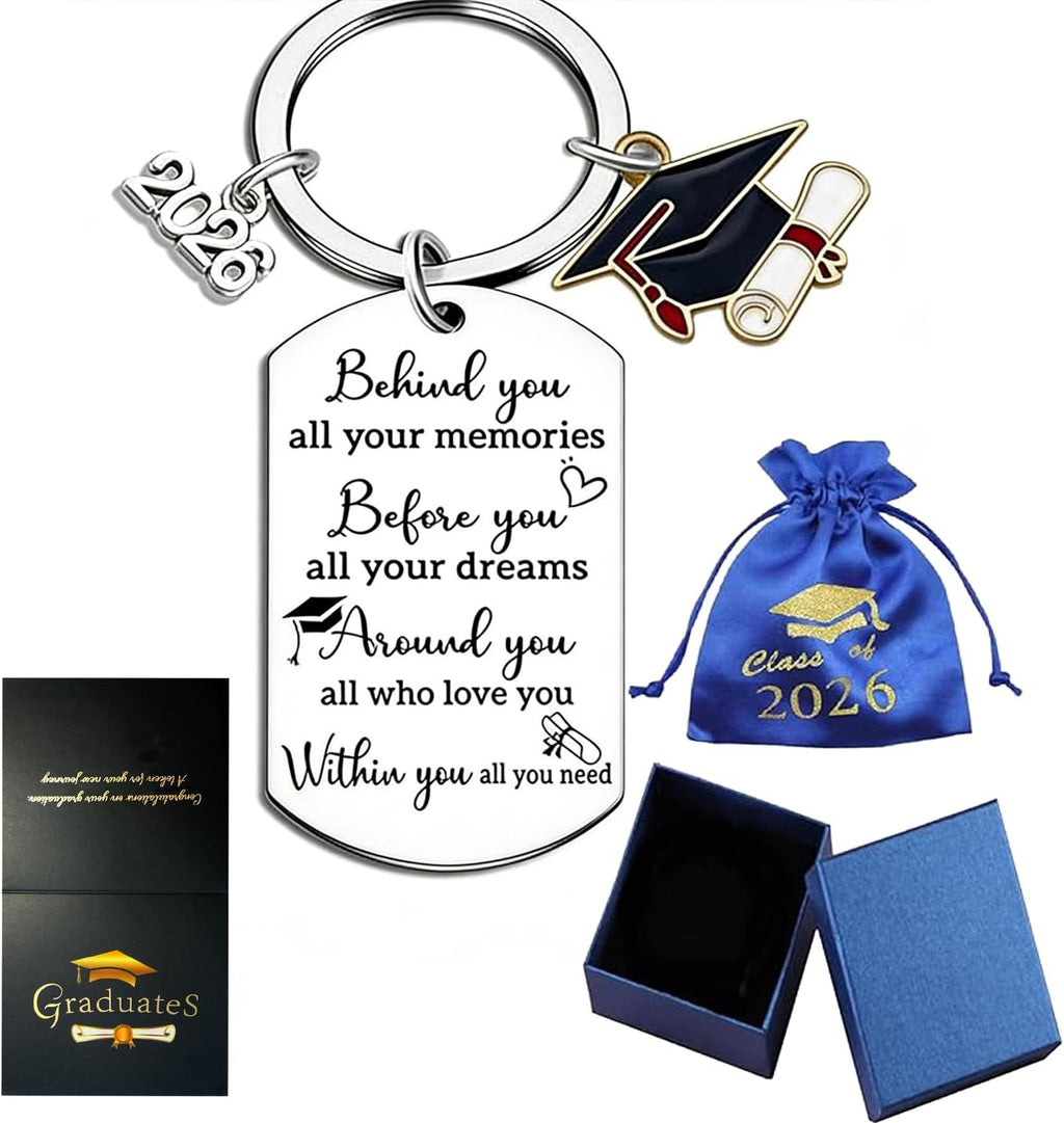 2026 Graduation Gifts Keychain with Poem, Class of 2026 Senior Gift for Her Him, Blue Velvet Pouch & Gift Box