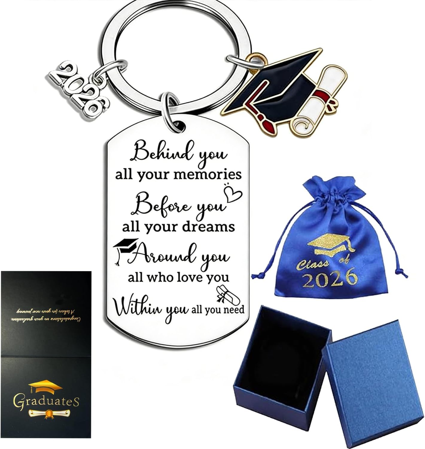 2026 Graduation Gifts Keychain with Poem, Class of 2026 Senior Gift for Her Him, Blue Velvet Pouch & Gift Box