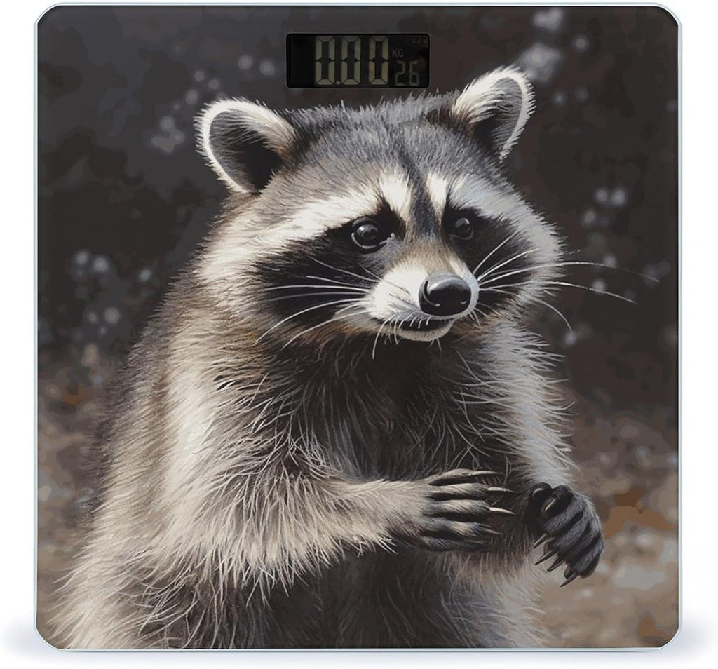 Raccoon Digital Body Weight Scale with Tempered Glass Platform, UV Printing Design, High Precision Bathroom Scale, Slim & Stylish Weighing Scale for Home Bedroom Bathroom