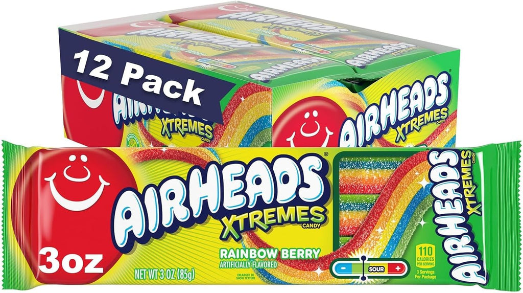 Airheads Xtremes Belts Candy, Chewy Candy Package, Rainbow Berry Fruit Flavor Artificially Flavored, 3 Ounces (12-Pack)