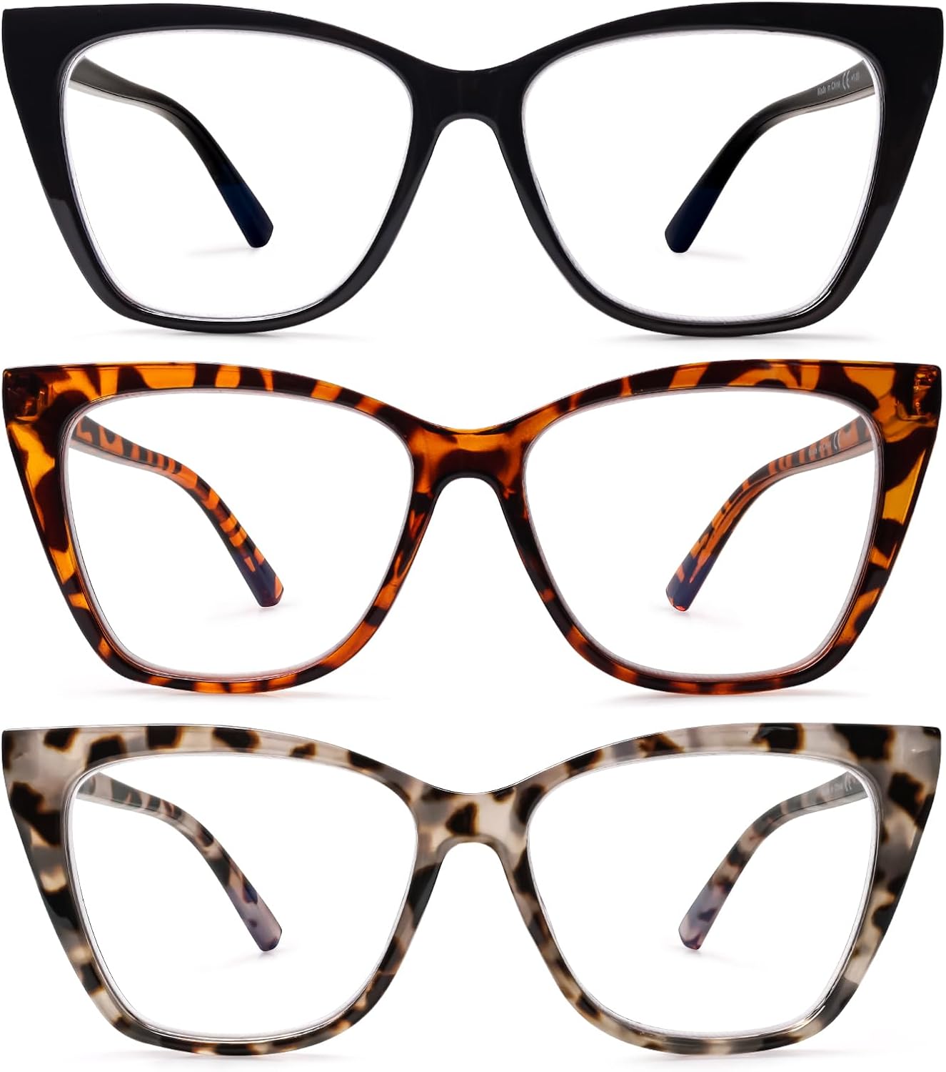 SIGVAN 3 pack Reading Glasses Women Oversized Blue Light Readers Women Spring Hinge Cat Eye Glasses Anti Eyestrain