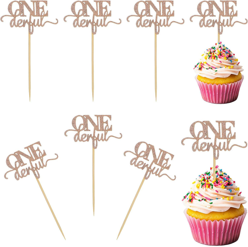 36 Pcs 1st Birthday Cake Topper for Girl, Rose Gold Glitter Onederful Birthday Decorations, First Birthdays Decorations Supplies, Cupcake Picks for Baby Shower First Birthdays Theme Party