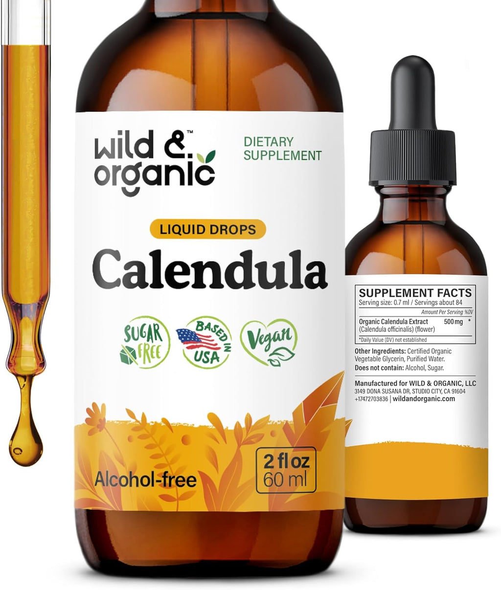 Wild & Organic Calendula Flowers Supplement - Antioxidant, Immune & Skin Support - Add to Tea Liquid Drops - Calendula Tincture - Vegan, Alcohol & Sugar-Free - 2 fl oz