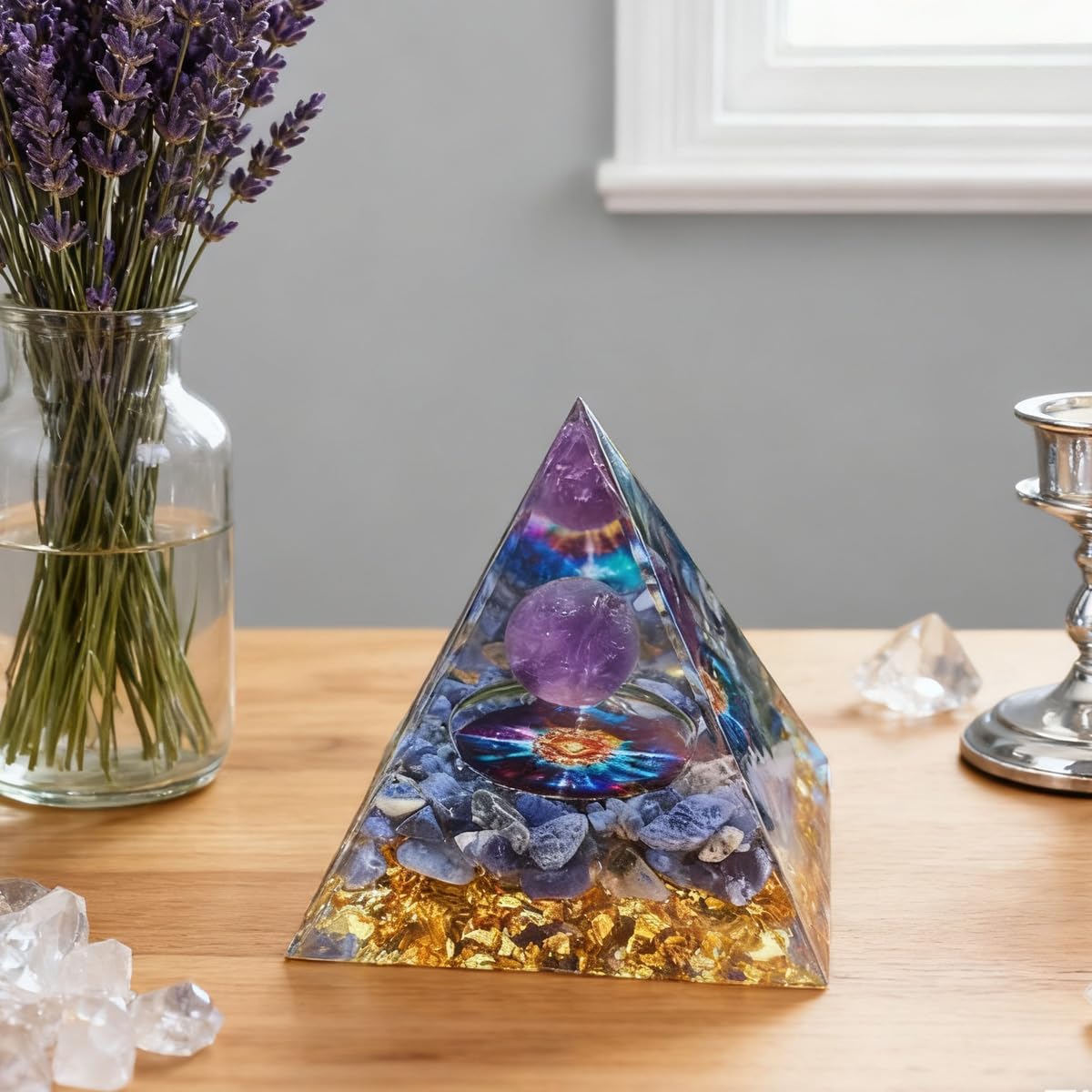 1 pcs Crystals Pyramid,Moonstone Crystal Orgone Pyramid - Amethyst Ball Lotus - Ogan Crystal Energy Tower - Nature Reiki Healing Chakra Crushed Stone Jewelry - 2inchs