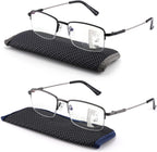 Progressive Multifocus Reading Glasses Blue Light Blocking, Multifocal Readers for Men Women Trifocal Lightweight Eyewear Half Metal Frame Titanium Alloy (2 Pack: Black+Gun, 1.50)