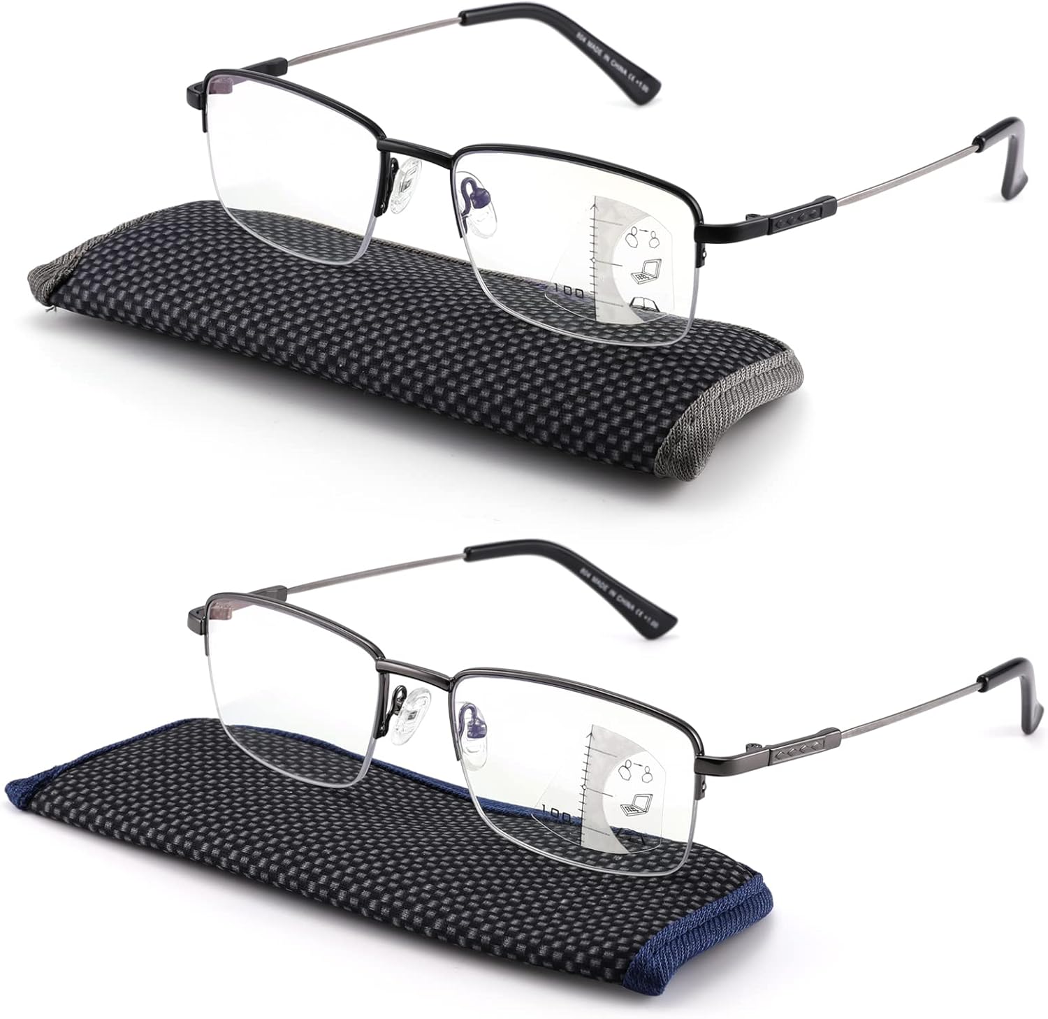 Progressive Multifocus Reading Glasses Blue Light Blocking, Multifocal Readers for Men Women Trifocal Lightweight Eyewear Half Metal Frame Titanium Alloy (2 Pack: Black+Gun, 1.50)