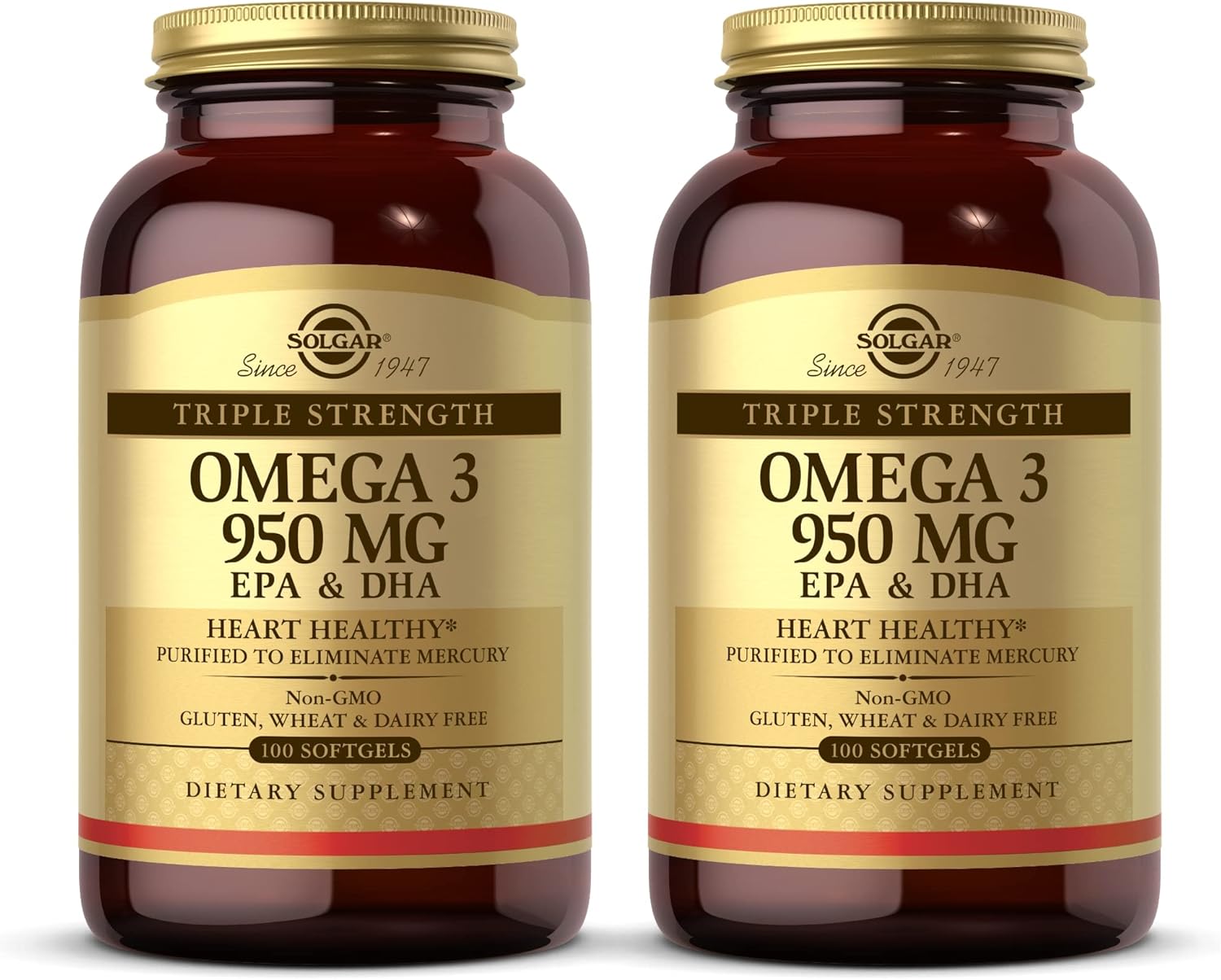 Solgar Triple Strength Omega 3 950 mg - 100 Softgels, Pack of 2 - Supports Joint & Skin Health - Non-GMO, Gluten Free, Dairy Free - 200 Total Servings