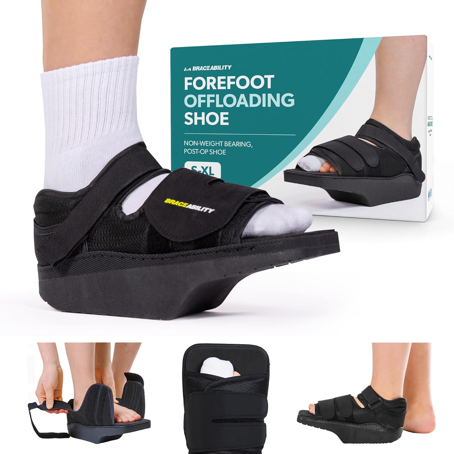 BraceAbility Forefoot Offloading Post-Op Shoe - Non-Weight Bearing Medical Wedge Boot for Diabetic Foot Ulcer, Metatarsal Fracture, Broken Toe, Bunion, Hammer Toe Surgery - Fits Men and Women (S)