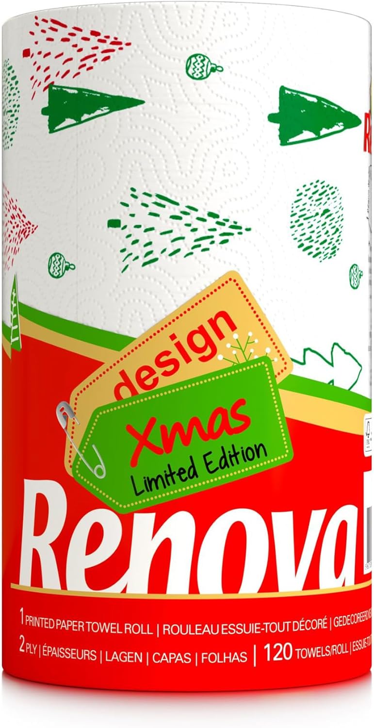 Renova Christmas Kitchen Paper Towel 1 Jumbo Roll 2-ply 120 Sheets - Printed Paper Rolls for Christmas Decoration Table - Use as Christmas Napkins