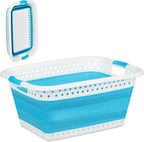 Relaxdays Folding Laundry Hamper with Handles, Plastic & Silicone, Compact Storage Basket, HWD 27x61x45.5 cm, Petrol